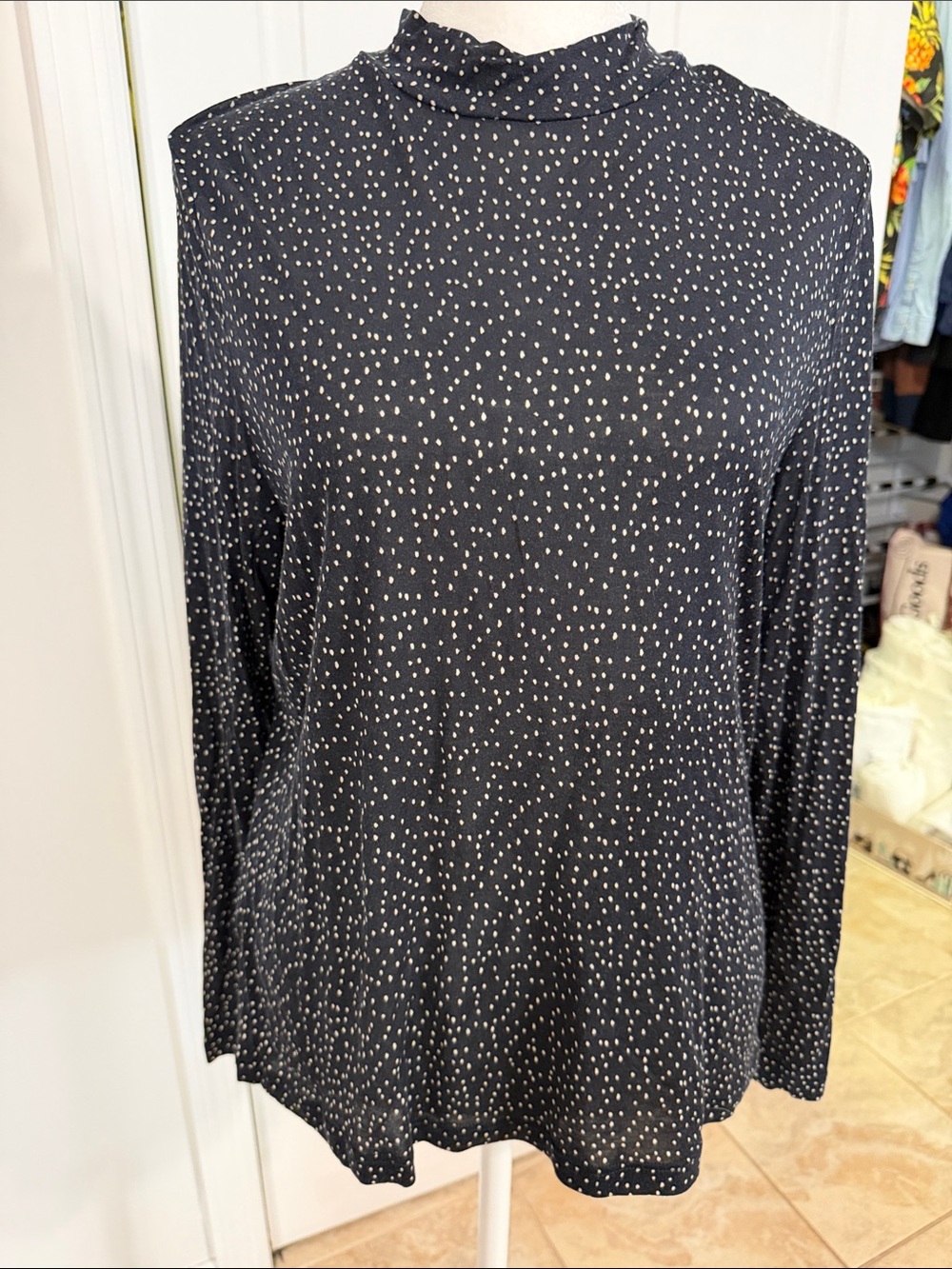 Vince Navy Top with Beige Dot Pattern
